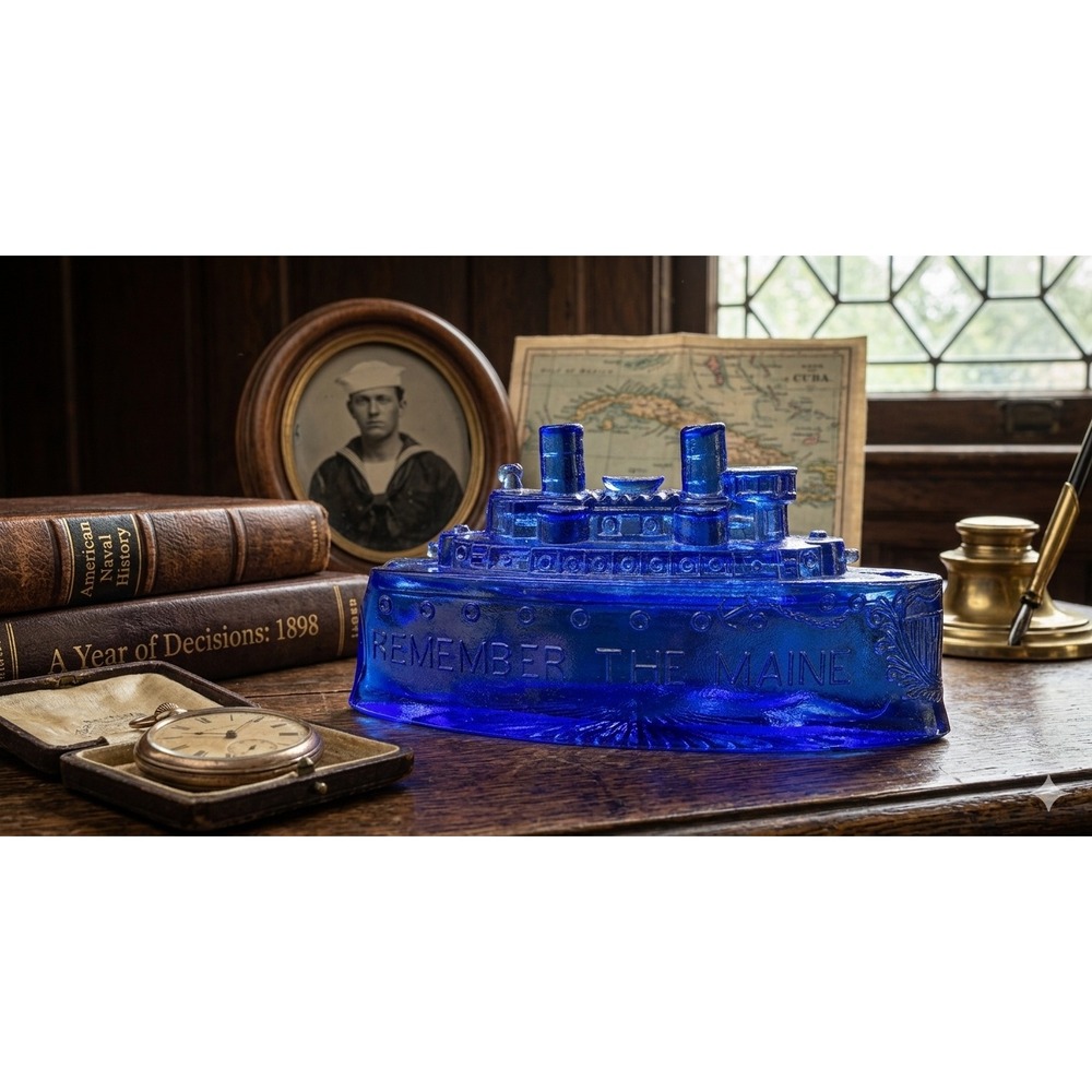 Cobalt Blue 1998 Glass Battleship Trinket Dish USS Maine Nautical 130-year-old